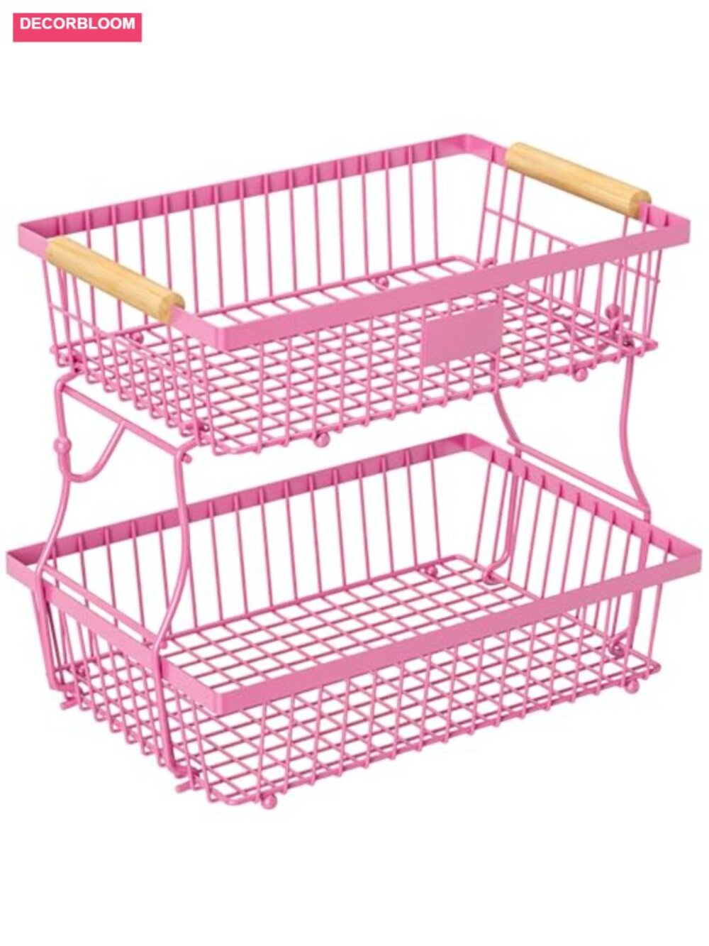 2 Tier Fruit Basket Metal Wooden Handle Banana Hangers Kitchen Storage Stand